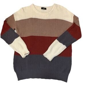 Tulip Lane Gray Chunky Knit Beige Burgundy Brown Color Block Sweater Women’s XL